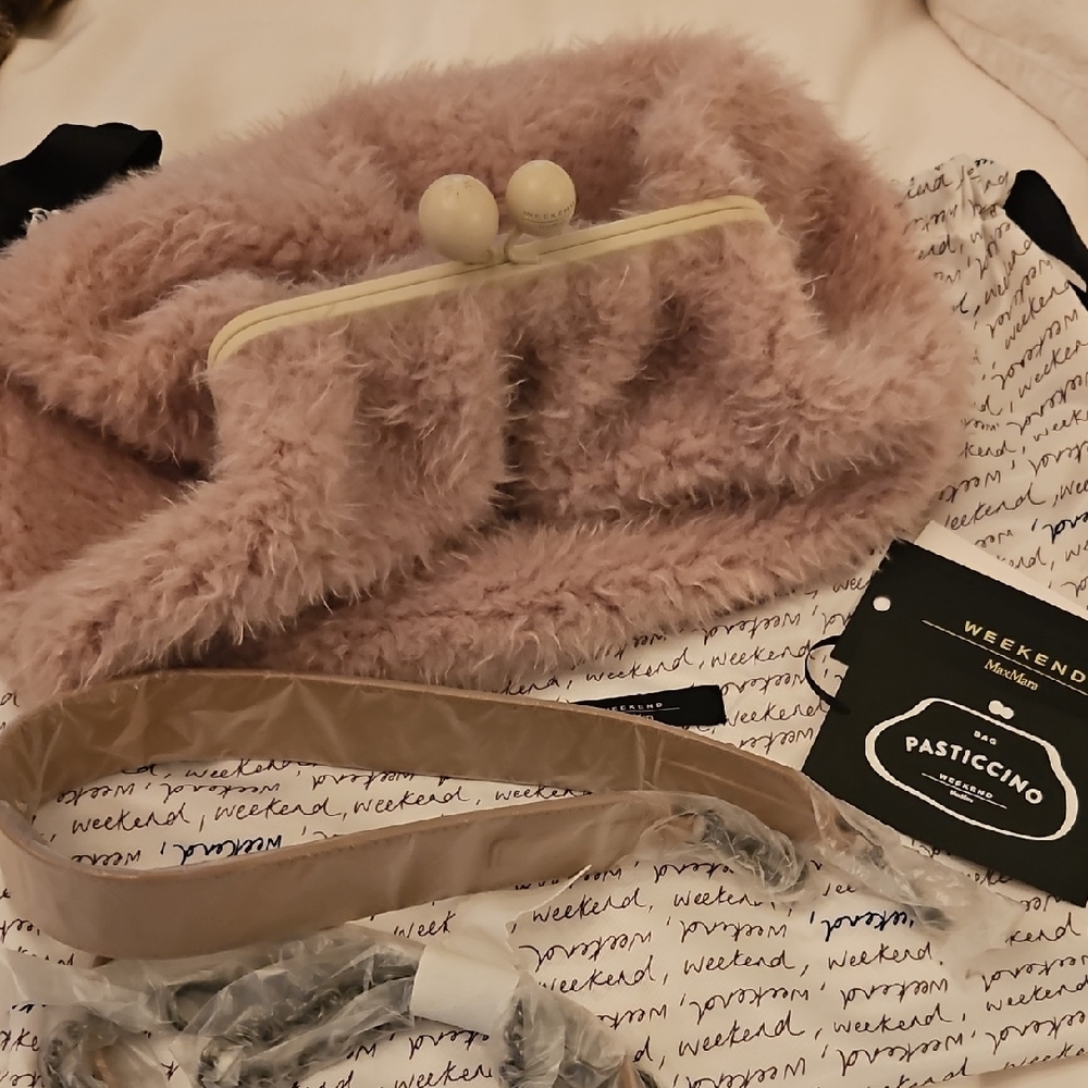 Pink Fluffy Clutch with Cream Handle